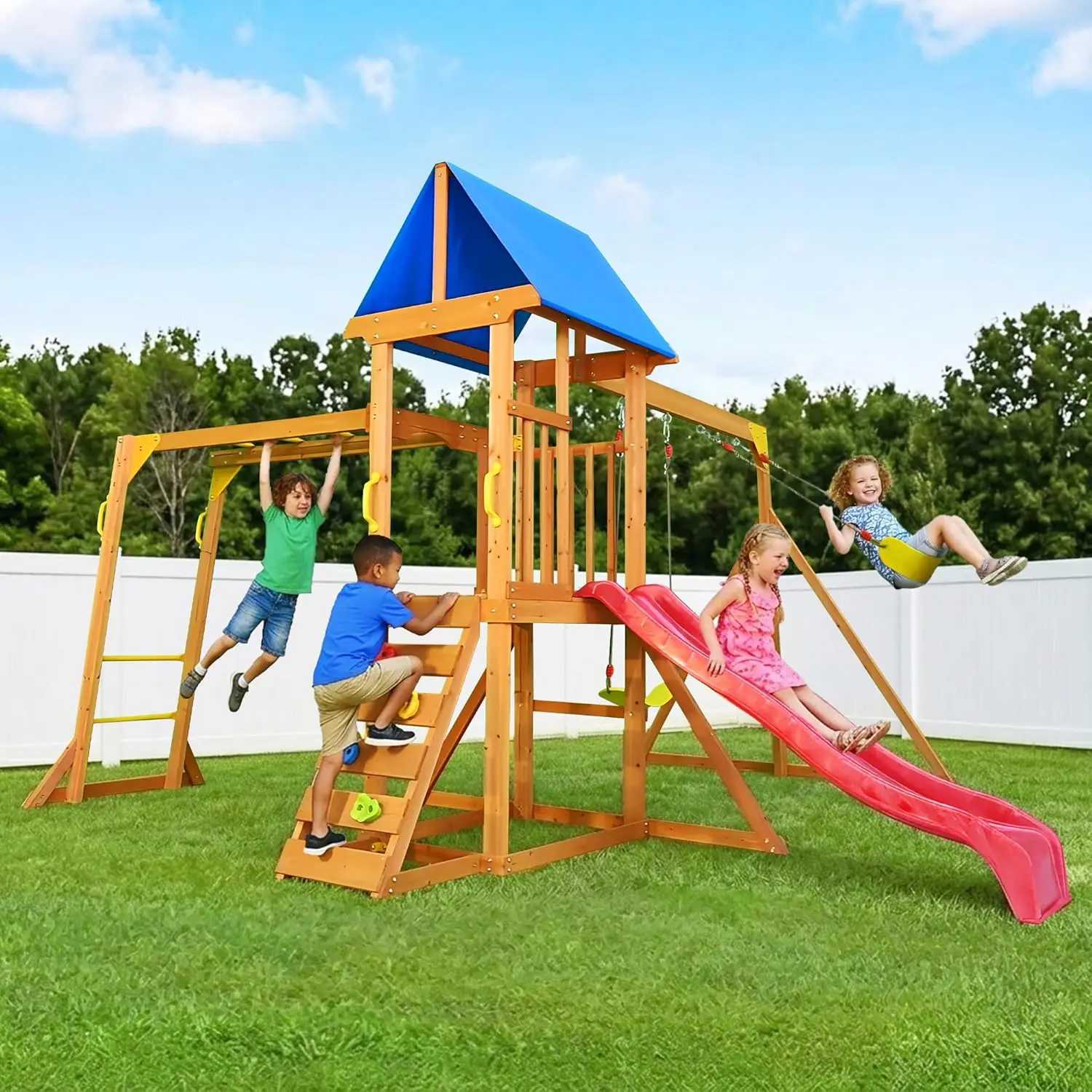 Kids Outdoor Monkey Bar Set - Columpios de madera para patio trasero,